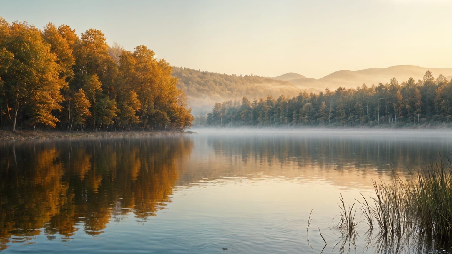 Serene Polish Lake Sunrise in Autumn Colors