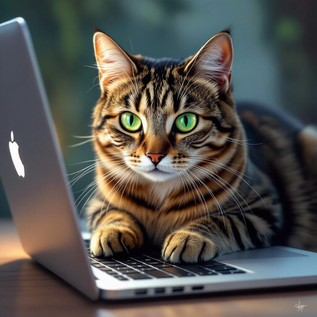 Tabby Cat Stares Intently at Glowing Macbook Screen
