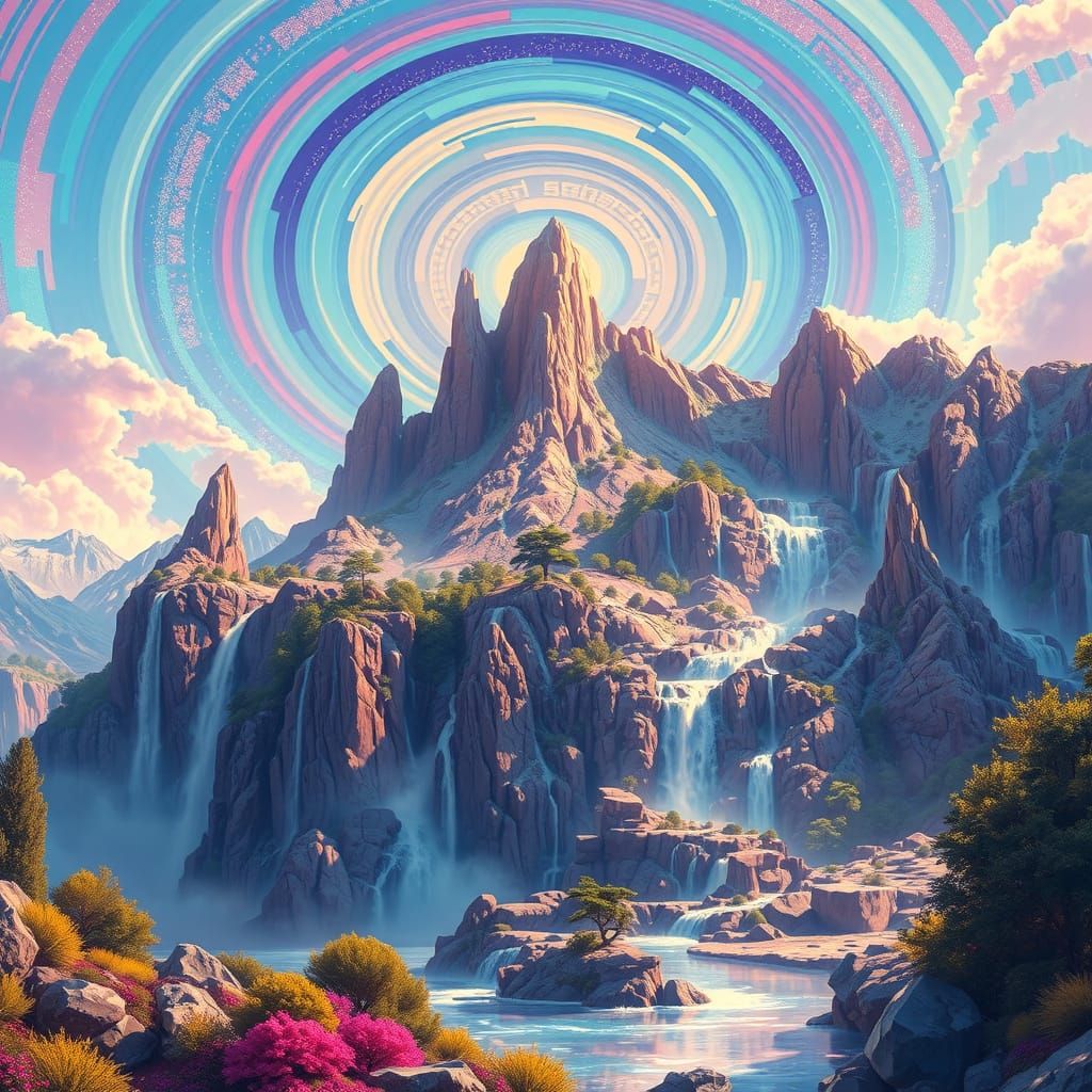 Surreal Mountain Landscape with Swirling Disco Skies and Wat...