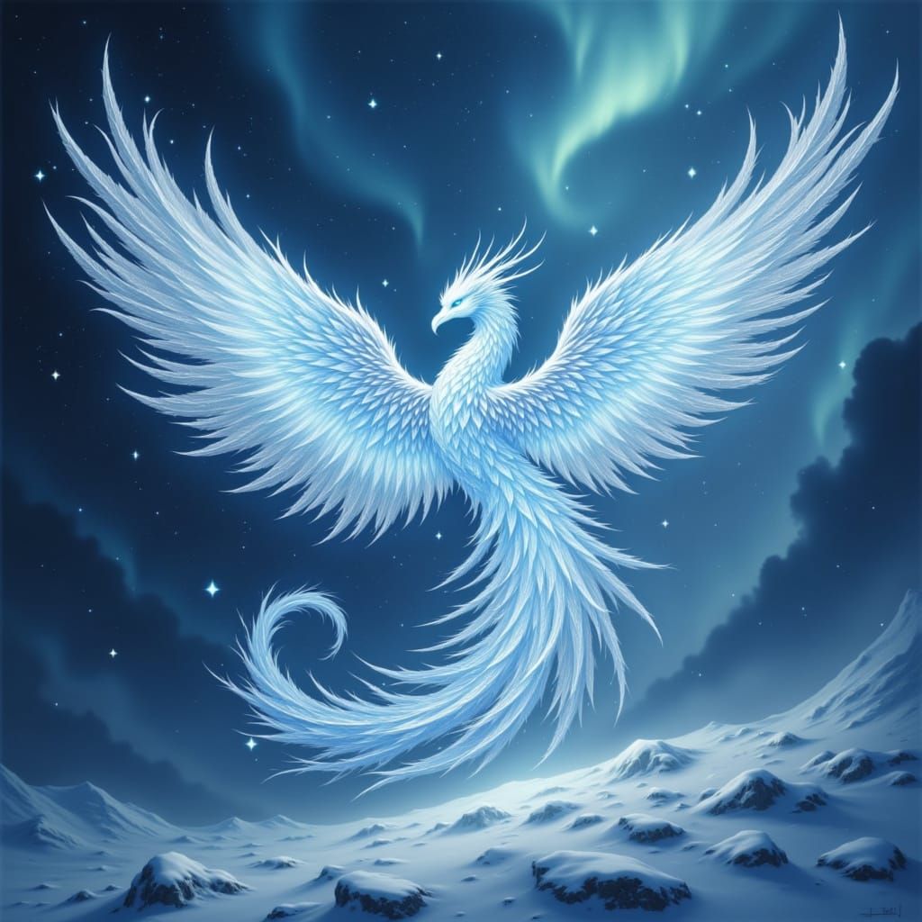Phoenix With Snowflake Wings Rises From Frost