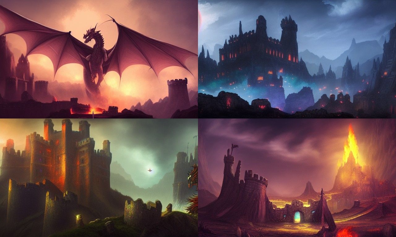 Dragon Breathing Fire Over Medieval Castle Ruins