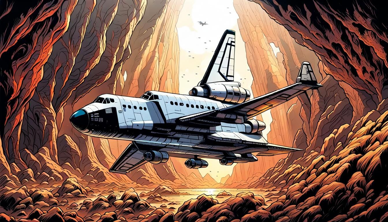 Space Shuttle flying through a large cavern Mark Brooks and Dan Mumford, comic book art, perfect, smooth