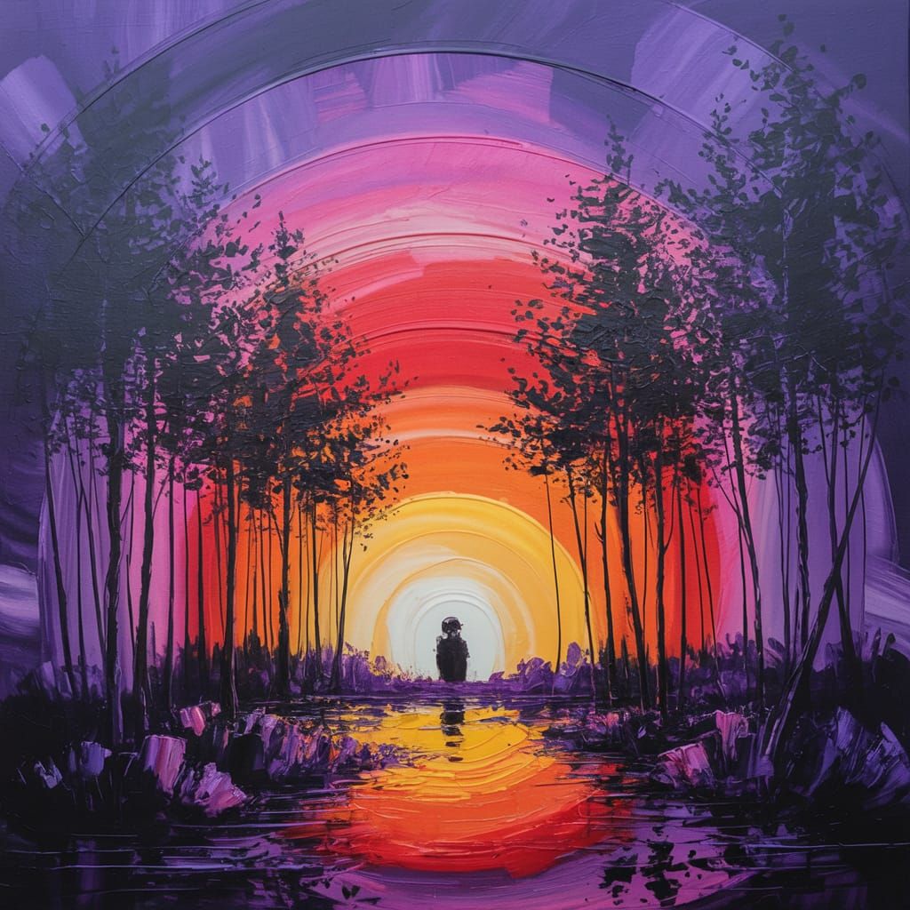 Expressionist Forest Sunset in Acrylics