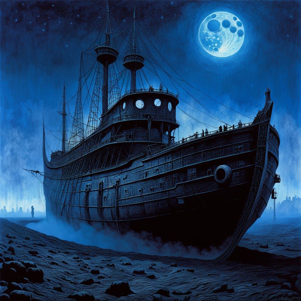 Ethereal Ghost Ship in Dark, Star-Filled Night Sky