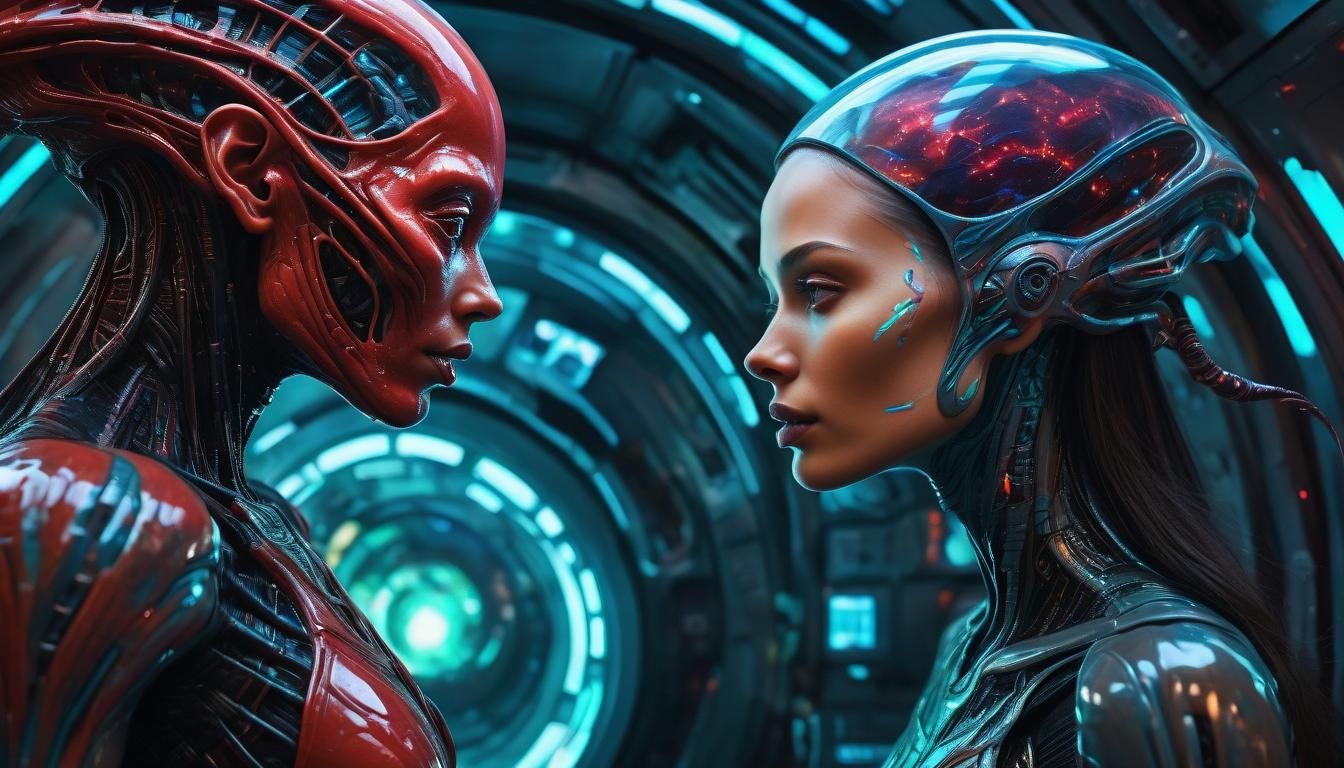 Futuristic Sci-Fi Couple Embracing Intergalactic Harmony