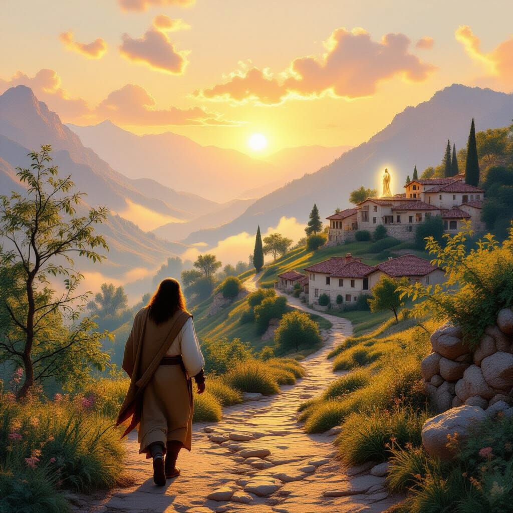 Dawn Traveler Protected on Mountain Path