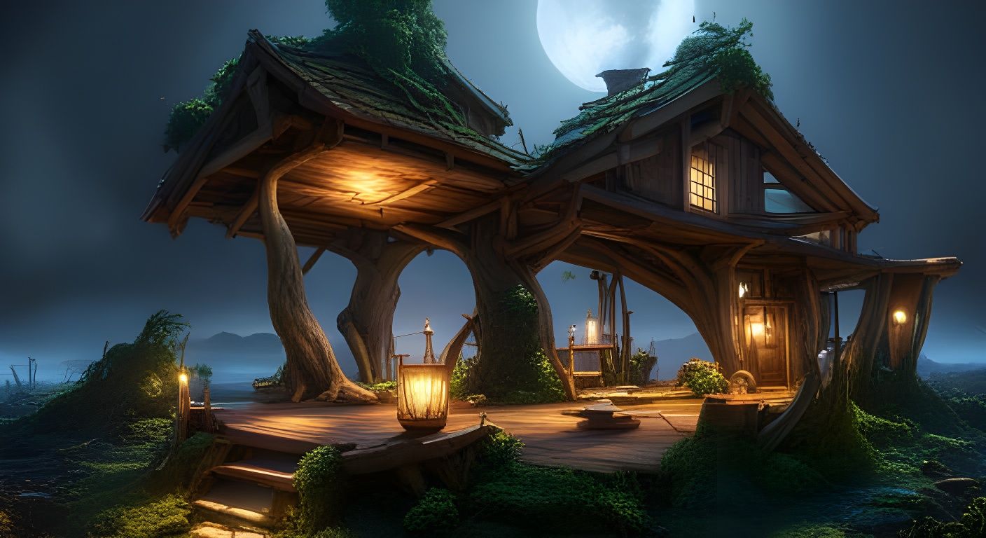Glowing Treehouse at Night: Fantasy Concept Art