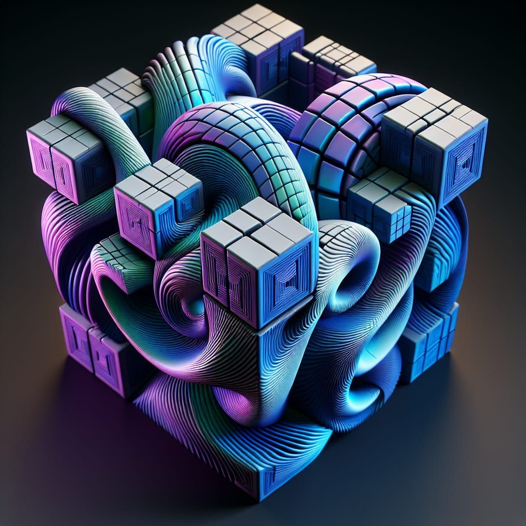 Surreal Non-Euclidean Puzzle Cube in Digital Art Style