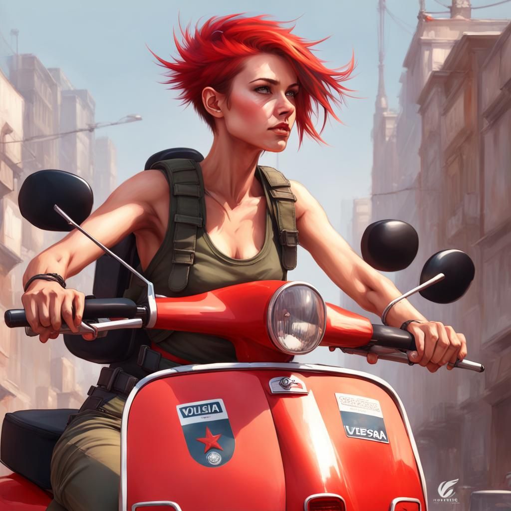 Female Soldier on Vespa, Hyperdetailed Digital Portrait