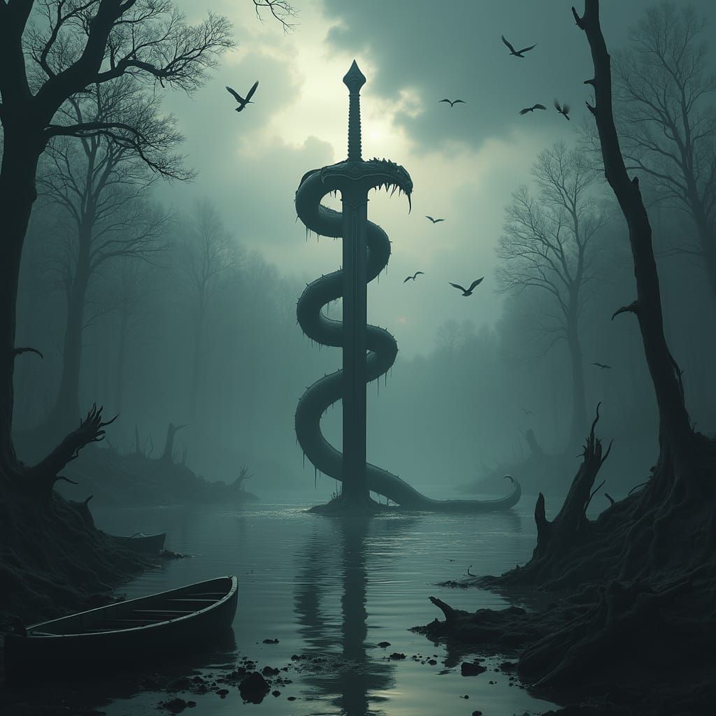 Fantasy Scene of Serpent Coiled Around Sword in Swamp