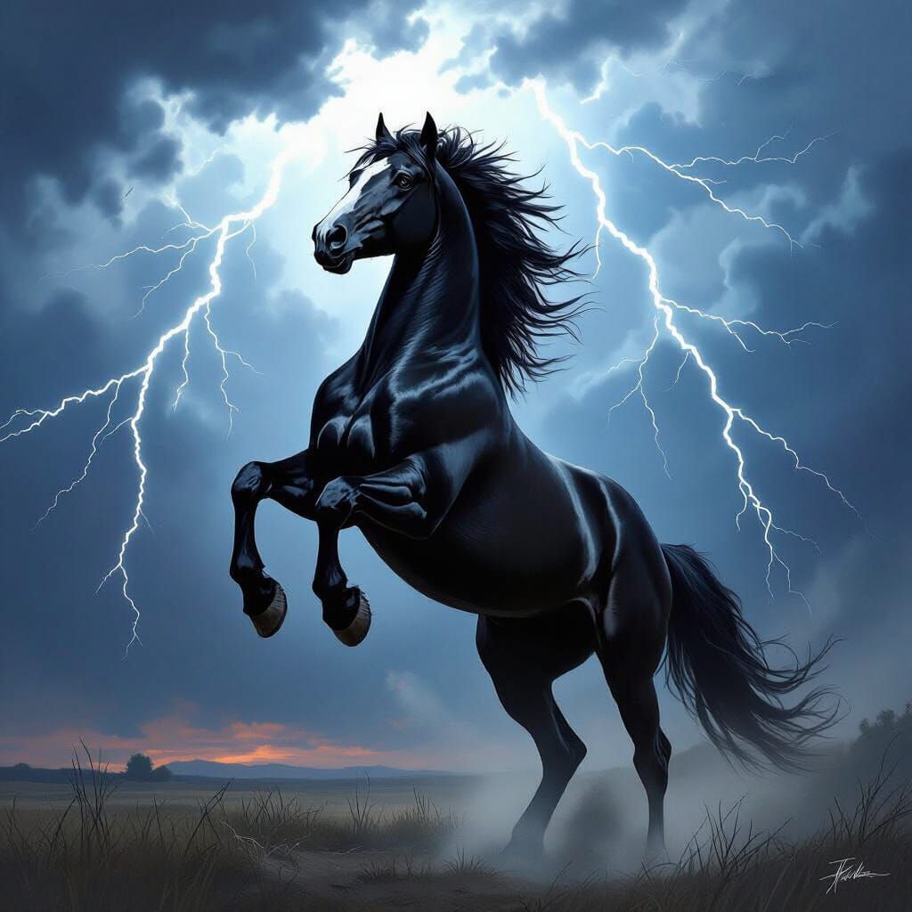 Black Stallion Rears Under Lightning Storm Sky