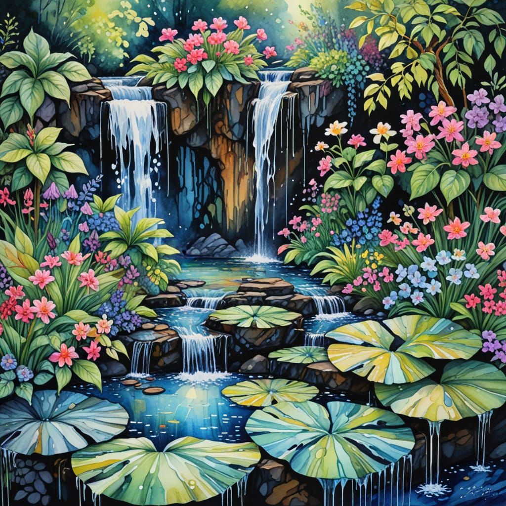 Majestic Waterfall in Vibrant Bloom