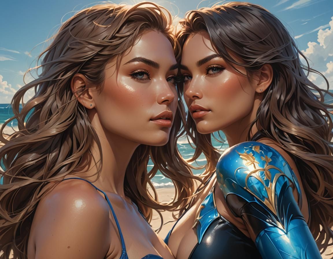 Bikini Models on Secluded Beach, Hyperdetailed Portrait