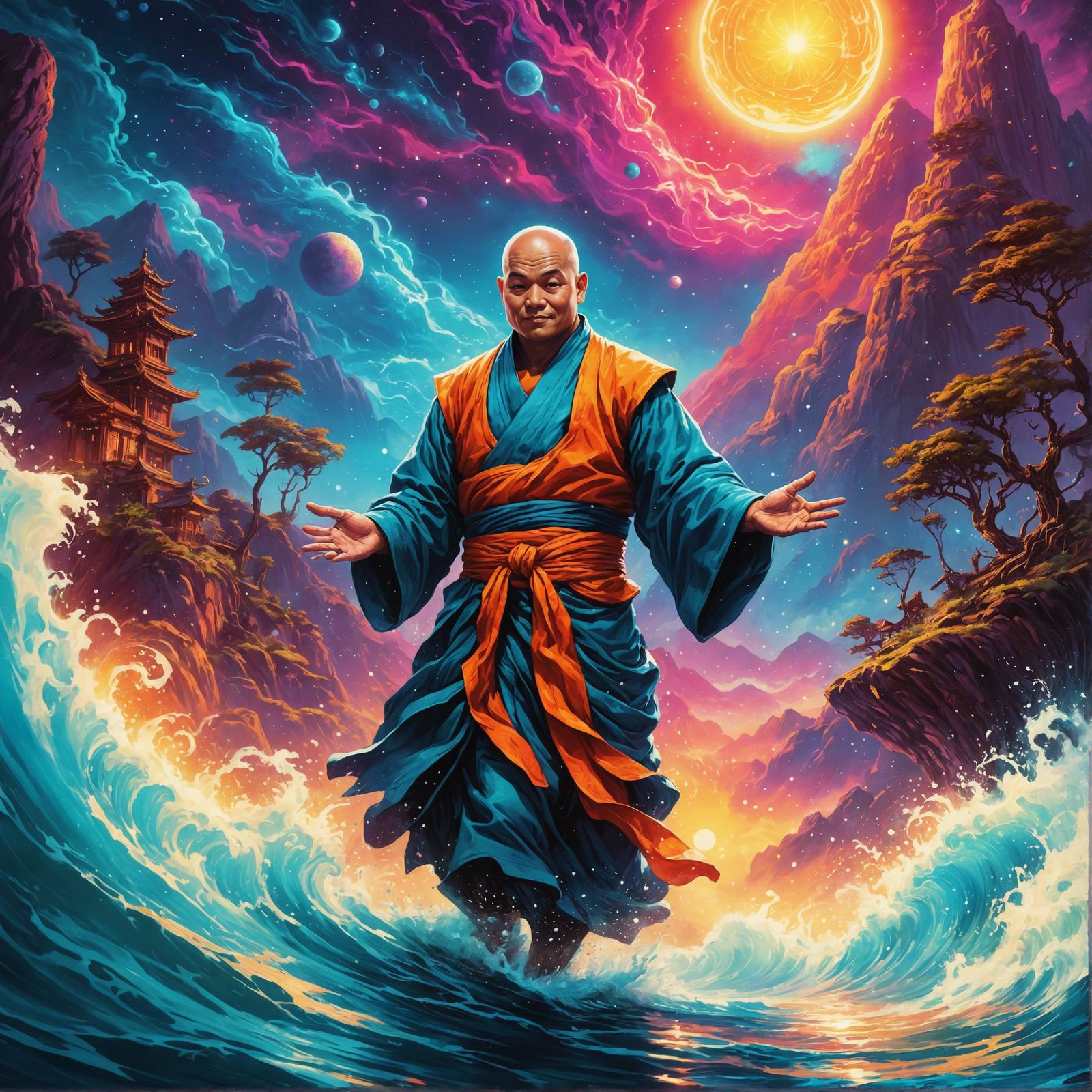 Vibrant Galactic Monk in Asian Neon Dreamscape