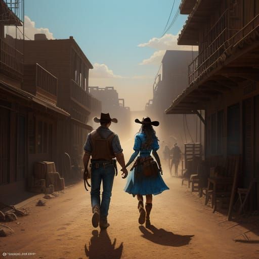 Hyperrealistic Cowboy and Cowgirl in Western Scene