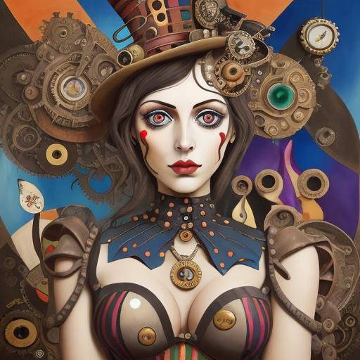 Surreal Steampunk Harlequin Patchwork Woman