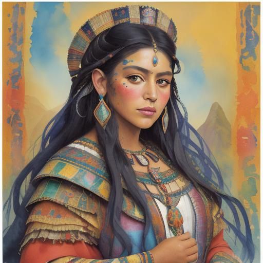 Andean Princess Portrait in Gouache Impressionist Style