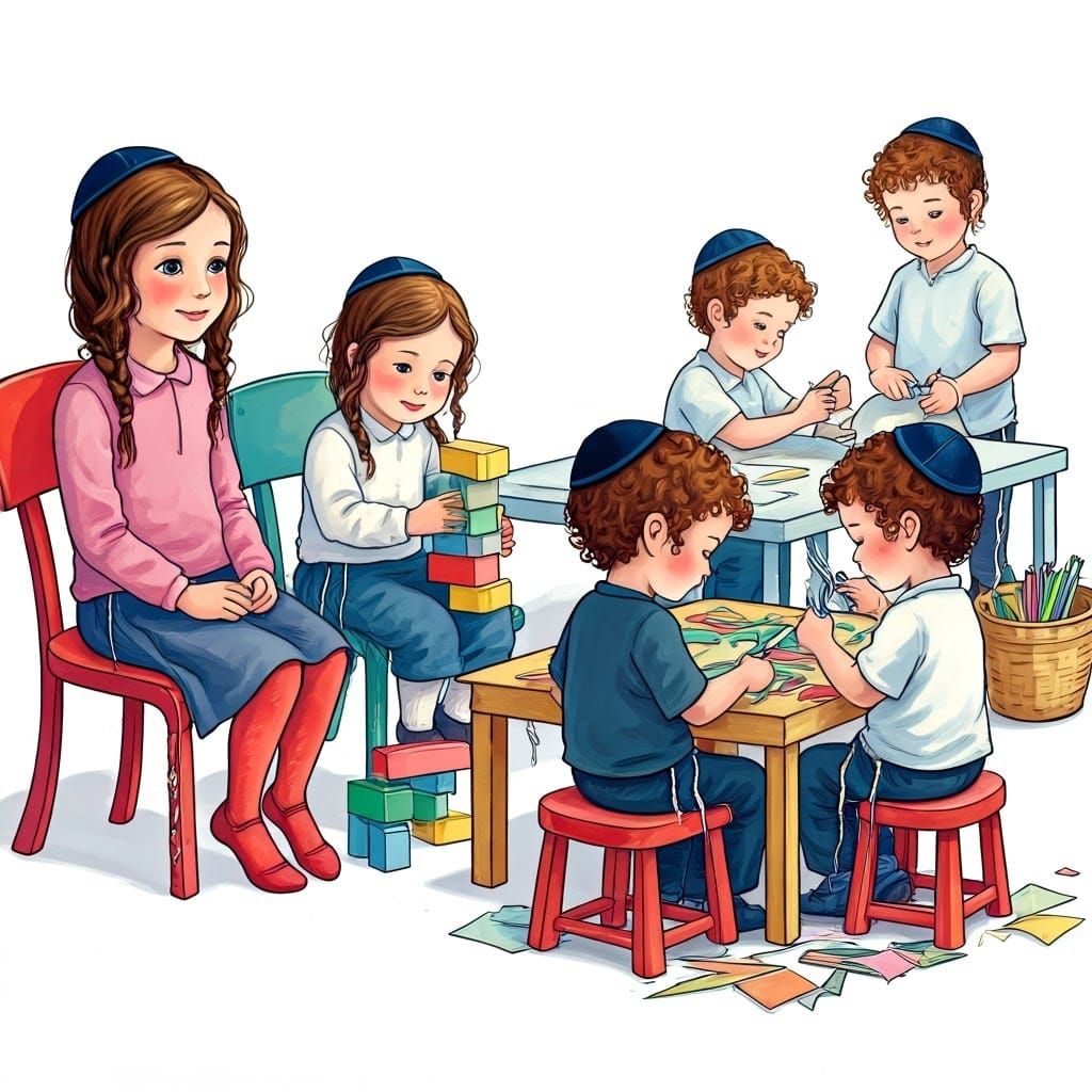 Orthodox Jewish Girls and Boys in a Sunlit Courtyard