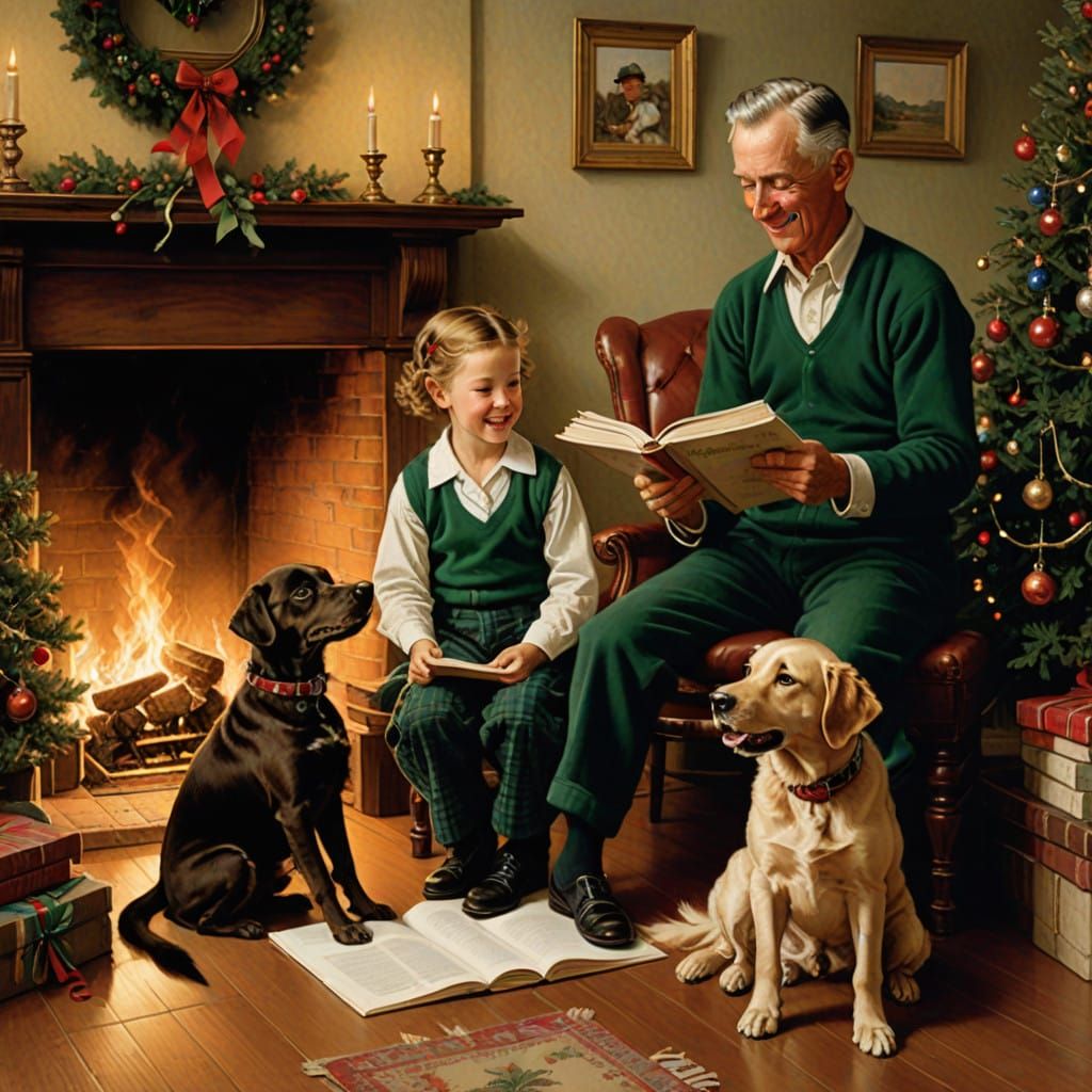 Joyful Family Dog Joins Christmas Storytelling by the Firepl...
