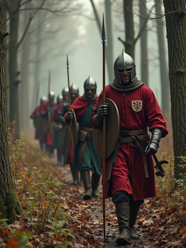 Medieval Soldiers Travel Through Woods