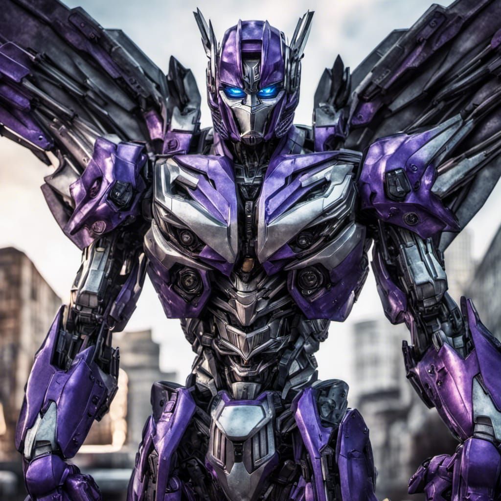 Hyperrealistic Female Autobot Transformer with Purple Eyes