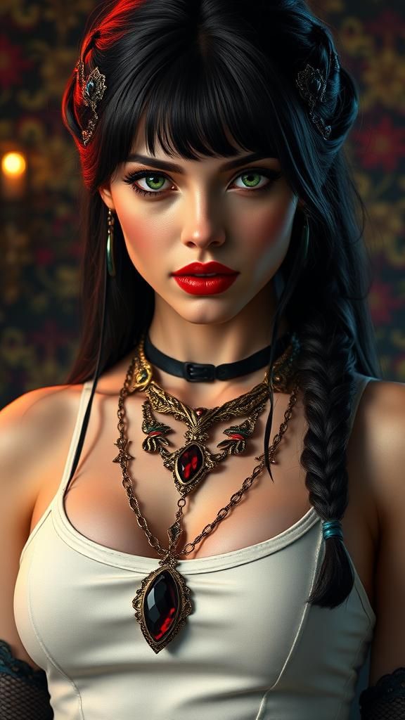 Vampire Woman in Gothic Style with Sapphire Necklace