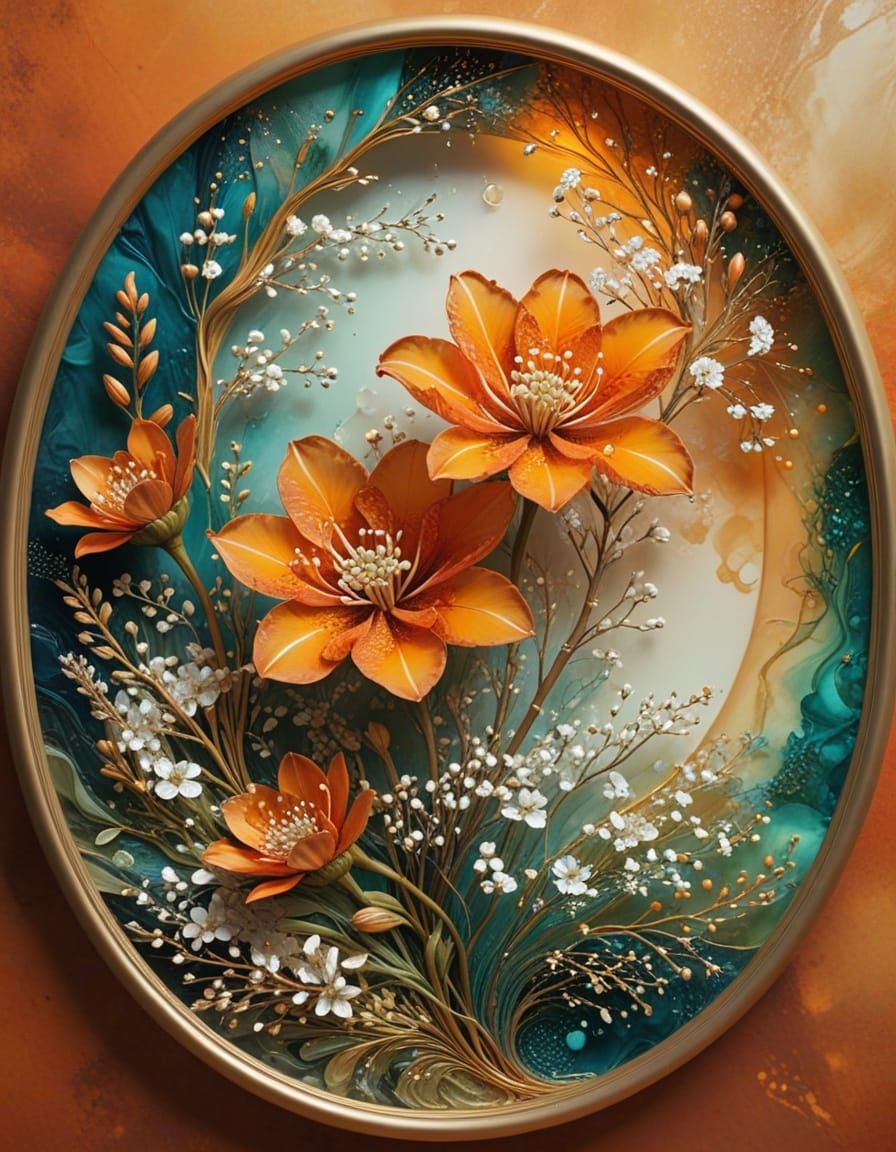 Oval Alcohol Ink Floral Art in Gold Frame
