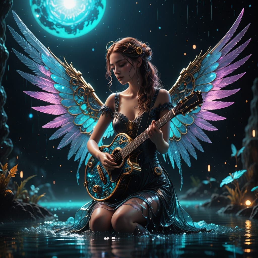 Surreal Steampunk Clockwork Angel in Radiant Aquatic Galaxy