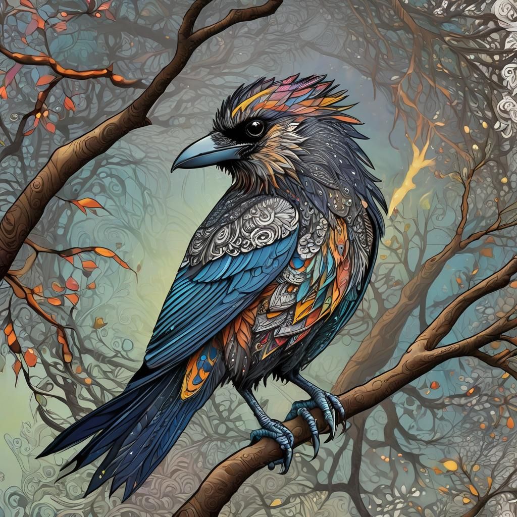 Intricate Zentangle Lightning Crow on Gnarly Branch