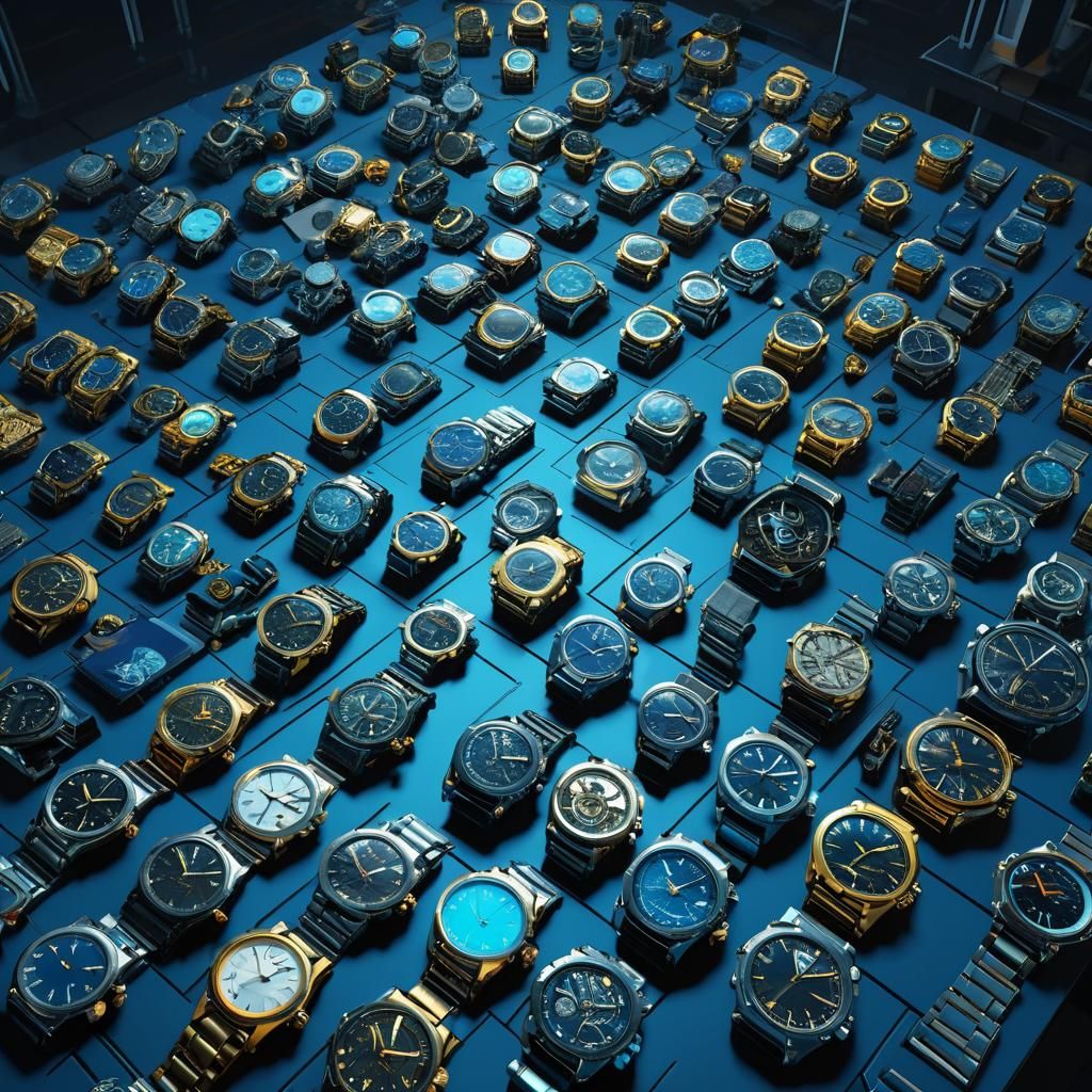 Intricate Watches in High-Tech Lab, Digital Art