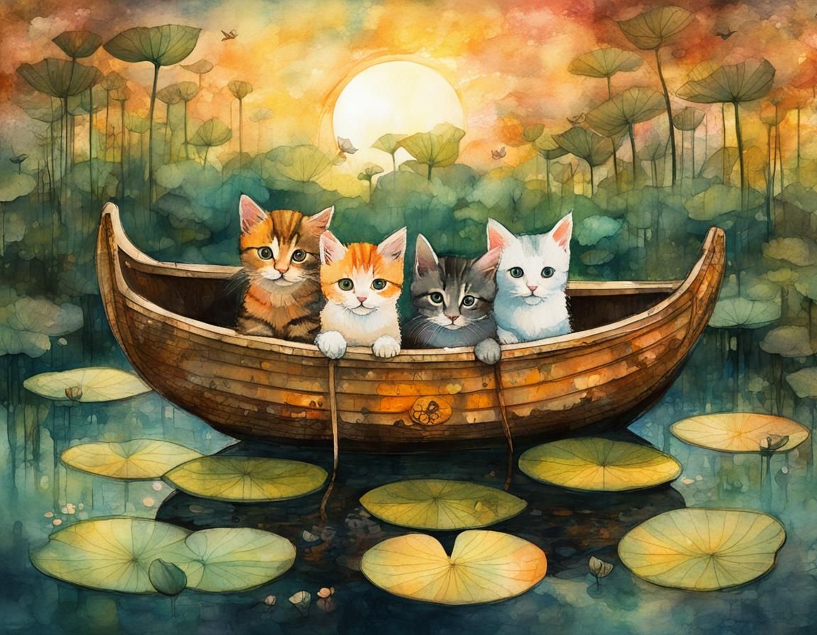 Kittens Sailing at Sunset: Watercolor Double Exposure Illust...