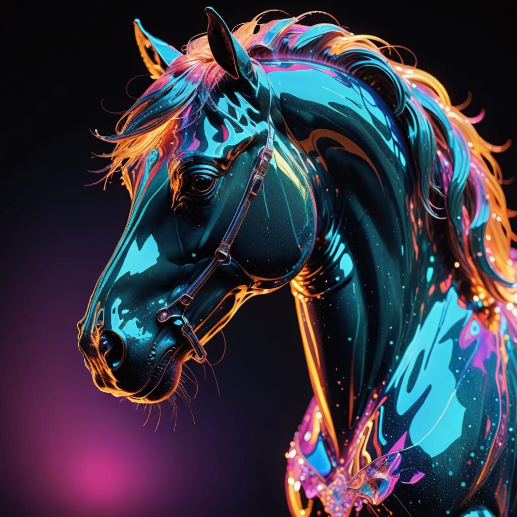 Crystal clear irredecent neon meltglass stallion