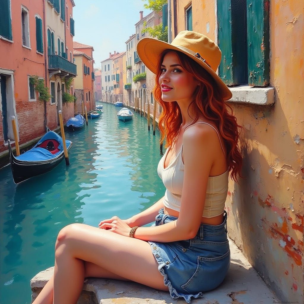 Elegant Woman by River in Venice