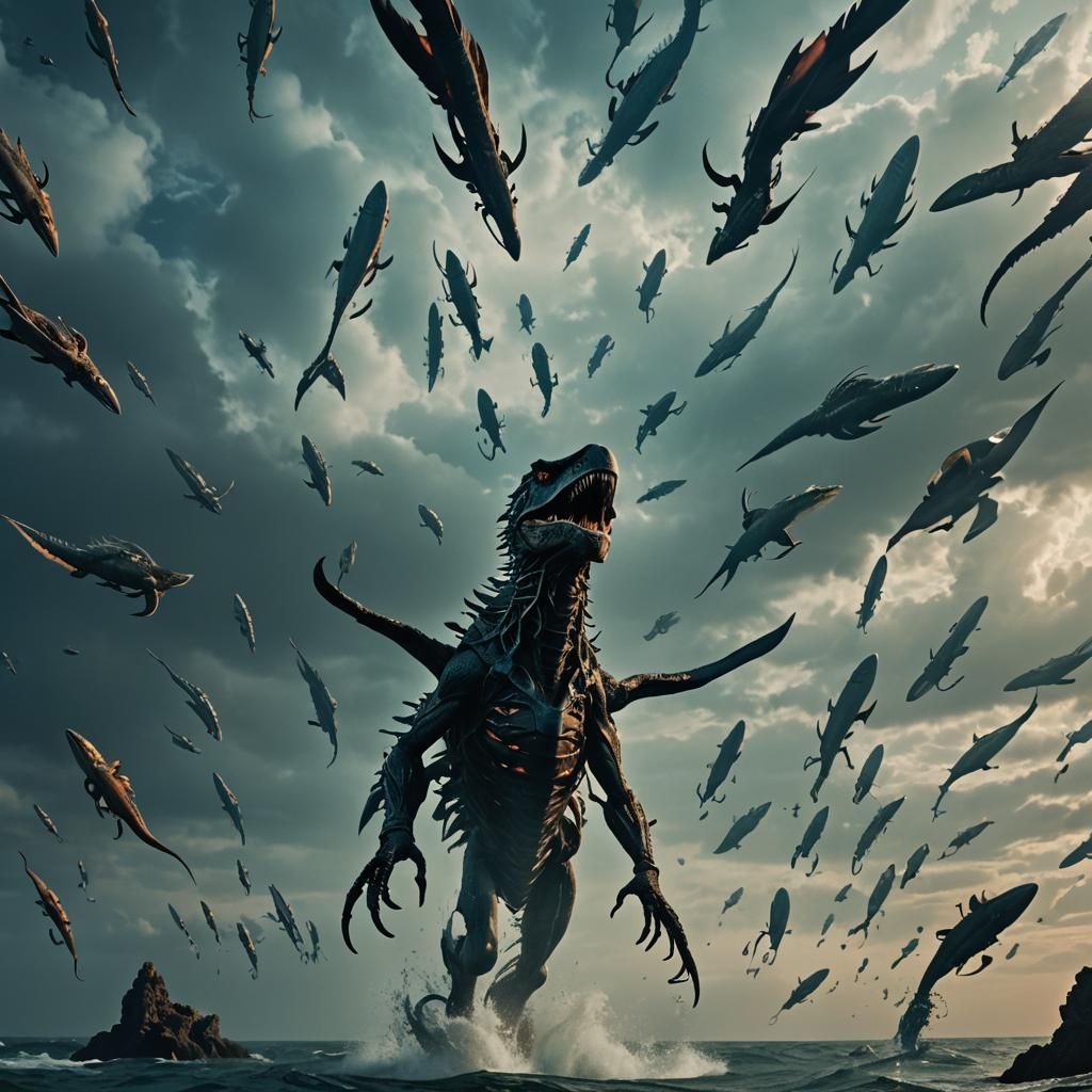 Fearsome Hybrid Creatures in Cinematic Film Still