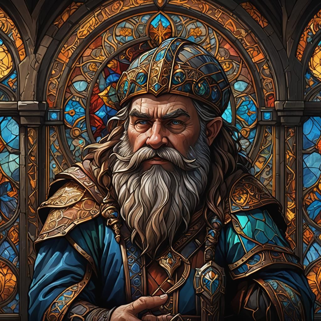 Stained Glass Dwarf with Long Beard