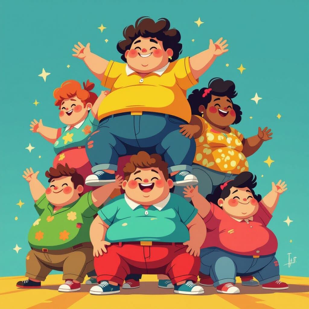 Whimsical Scene of Overweight People in Colorful Clothing