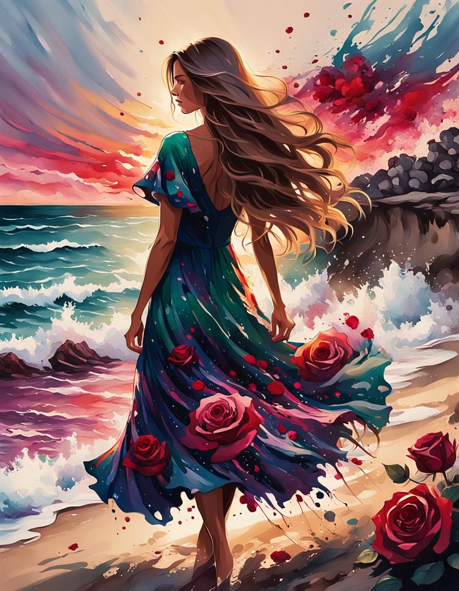 Girl in Rose Dress: Ink Splatter Beach Art