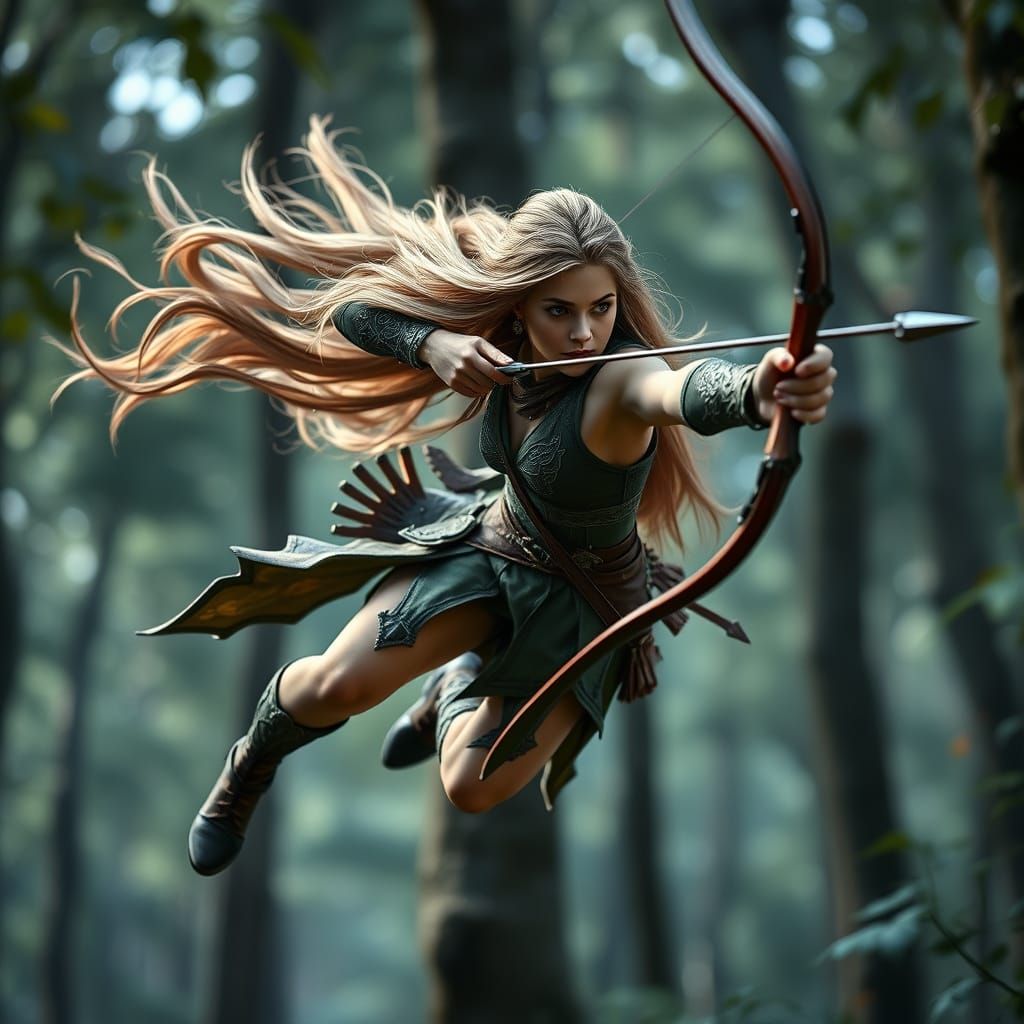 Sylvara Moonshadow, a Dynamic Elven Archer in Mid-Leap