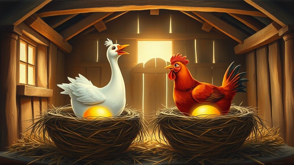 Golden Birds Gaze at Luminous Eggs in a Surrealist Barn Scen...