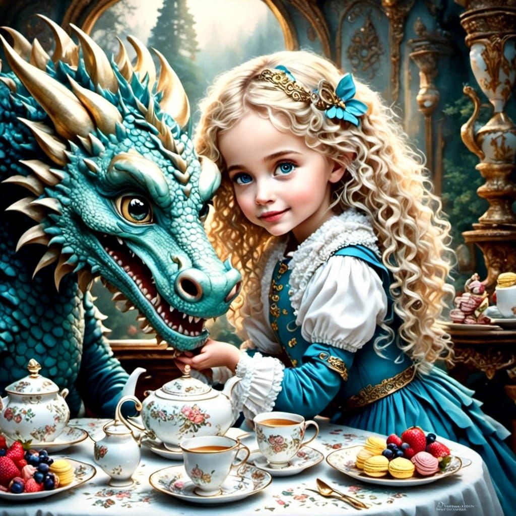 Girl and Dragon Tea Party: Detailed Mixed Media
