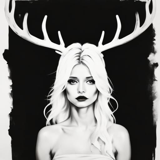 Minimalist Woman with Antlers Ink Drawing