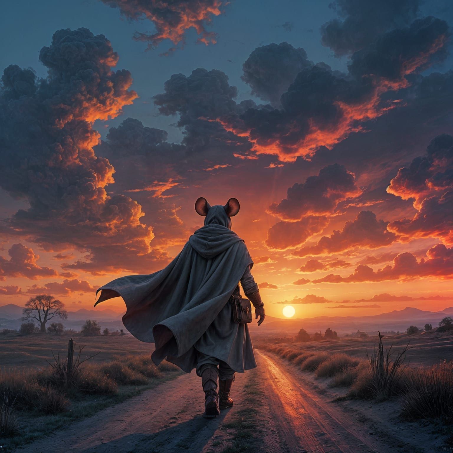 Mouse Traveler Walks Towards Fiery Sunset