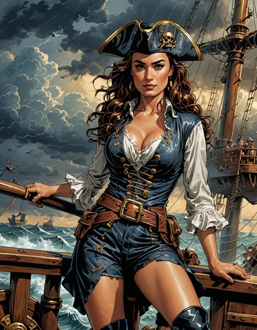 Pirate Pin-Up on Ship in Comic Book Art Style