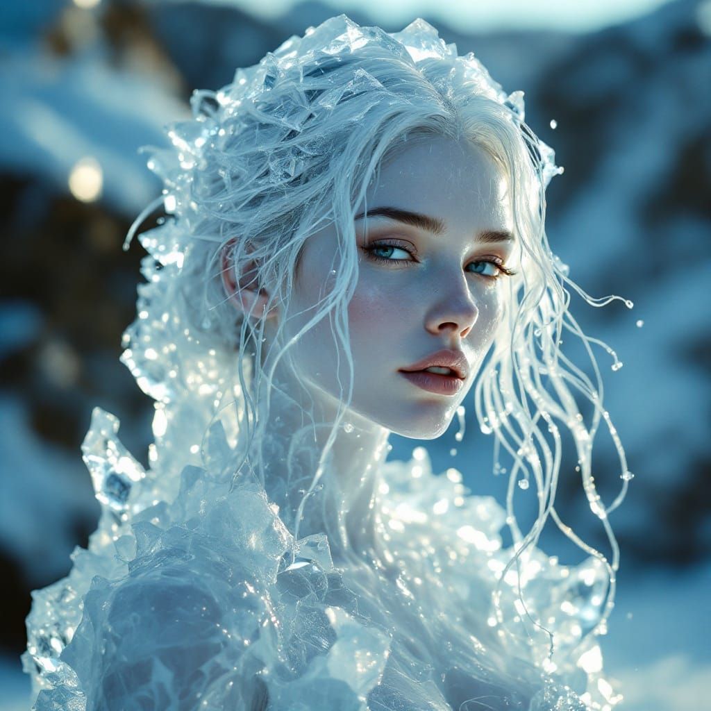 Crystalline Ice Woman: Photorealistic Sculpture in Sunlight