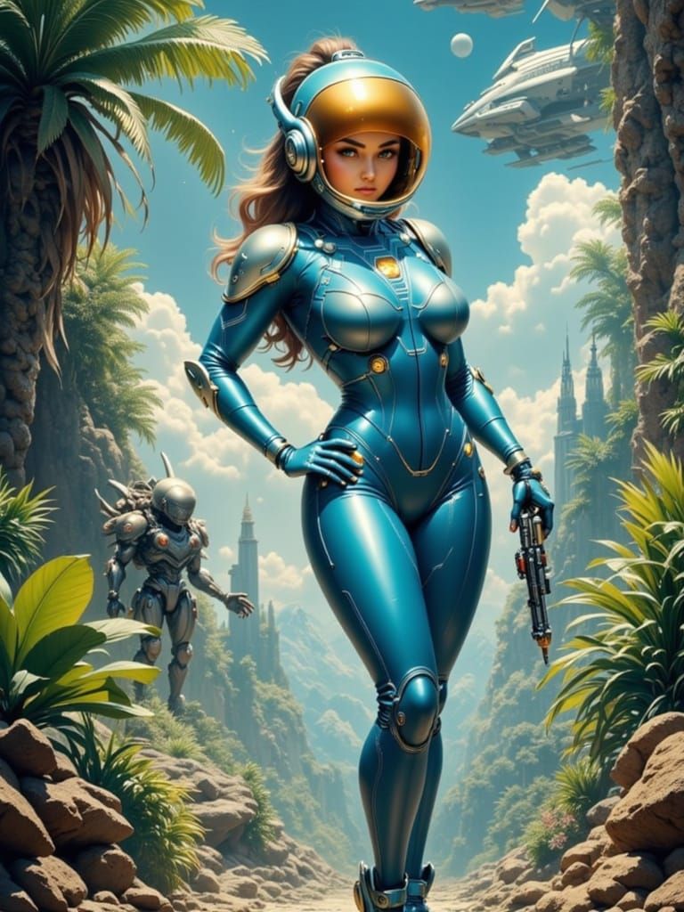 Retro Space Heroine on Alien Planetscape