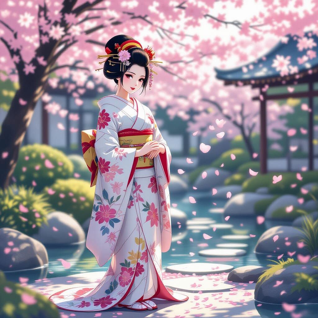 Geisha in Tea Garden with Cherry Blossoms, Anime Style