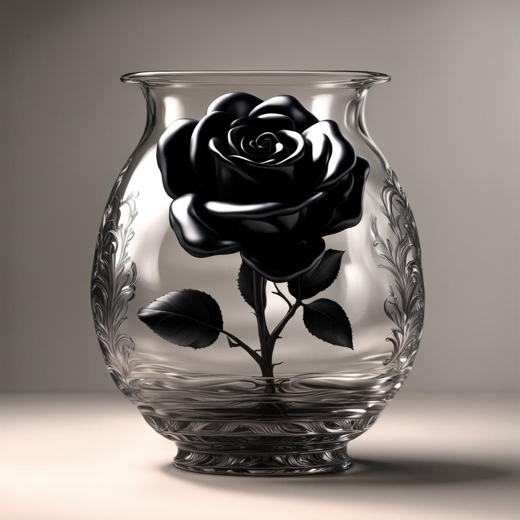 Black Rose in Elaborate Glass Vase, Hyperrealistic