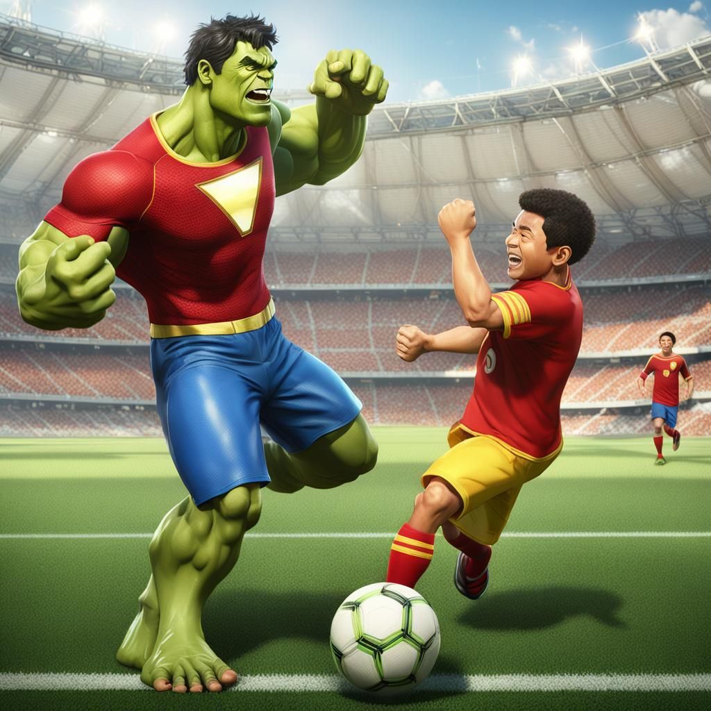 Hulk and Shazam Play Soccer in Chibi Pixar Style