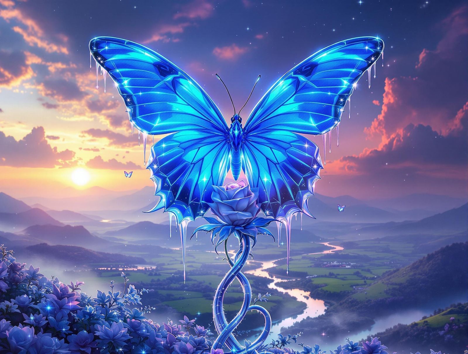 Ethereal Butterfly Illuminates Ice Crystal Rose