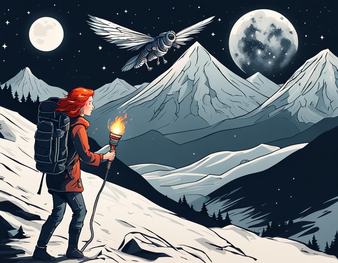 Redhead with Torch Flies Over Snowy Mountain